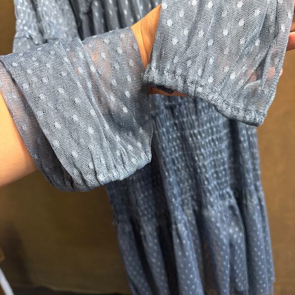 Maeve Anthropologie Blue Sheer Swiss Dot Embroidered Floral Dress XL Boho - Picture 7 of 10